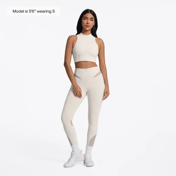 BetterMe Women's Zip Front Mesh Leggings in Ivory with Sheer Panels – Smooth Polyester Spandex Fit for Gym & Everyday Womenswear, Bottom