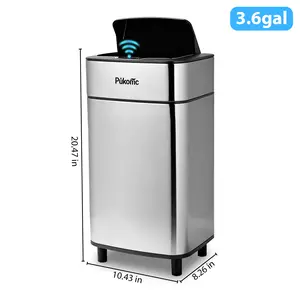 Pukomc Smart Sensing Touchless Trash Can 3.6Gal Motion Activated Auto Open Close Odor Sealed Bin with Digital Display Soft Close Lid Stainless Steel