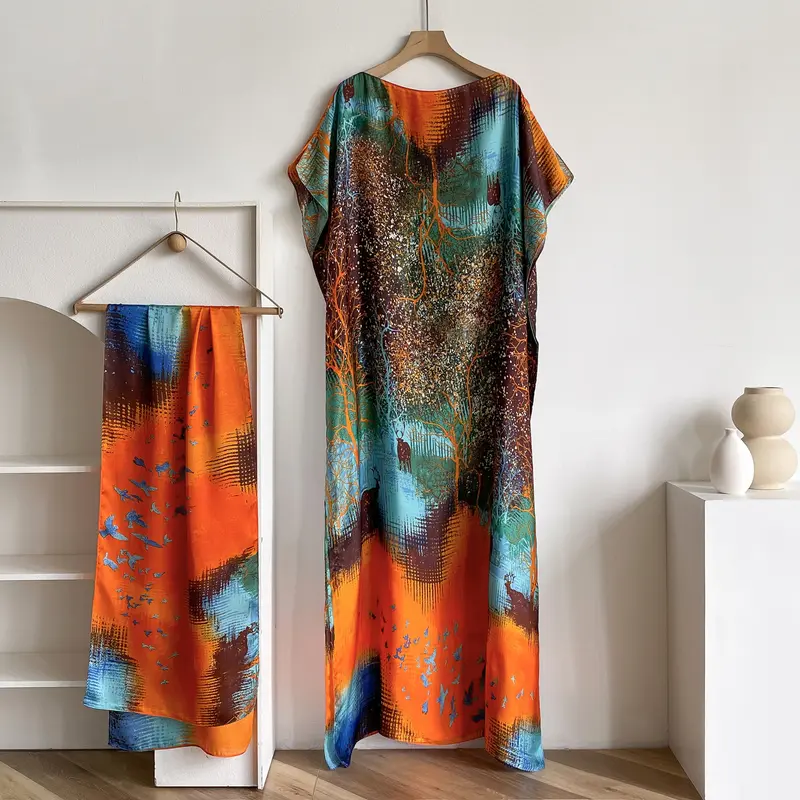 Dress for Women's Floral Print Long Dress Scarf SetBoho Casual Shawl Dress Scarf Set for Beach Vacation Holiday Ladies Clothes for All Seasons