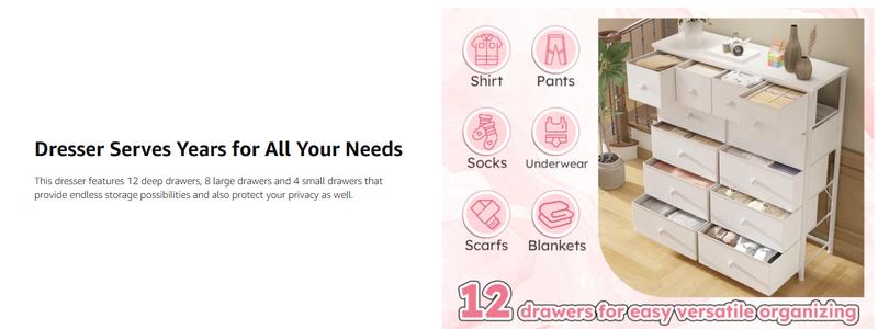 【New Year Home Storage Decor】RaybeeFurniture 12 Drawer Dresser for Bedroom with Fabric Drawers, Large Storage Chest with Metal Frame & Wood Top, Modern Closet Organizer Dresser for Women, Living Room, Entryway, Clothes, Linens, Accessories