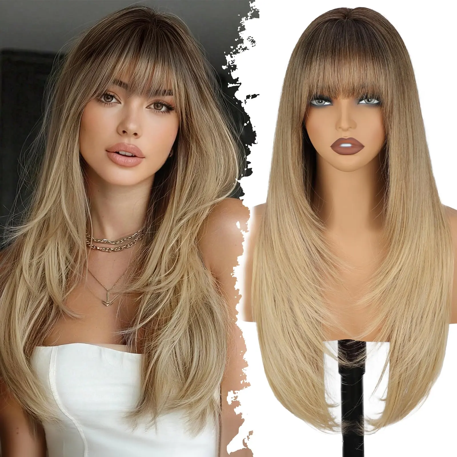 AISI HAIR Blonde Wig with Bangs, 4x4 Realistic Scalp, Free Parting, Long Ombre Blonde Layered Wigs for Women, Realistic Natural Looking Heat Resistant Synthetic Wigs for Daily Party Cosplay Use 26Inch Pre Styled Wig
