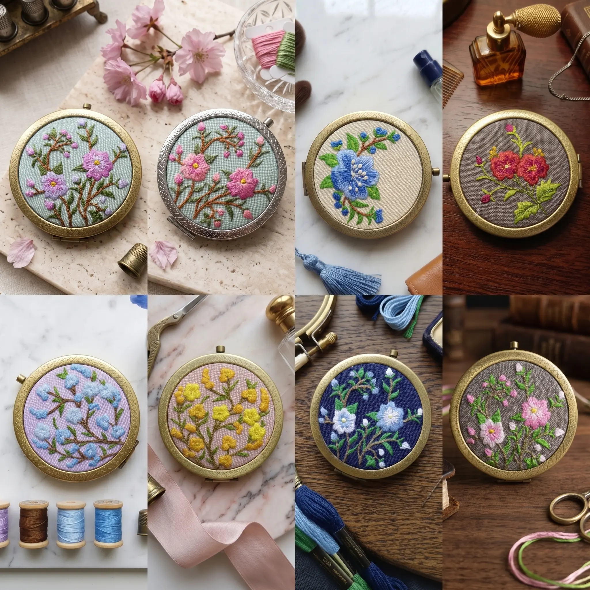 Hand Embroidered Compact Mirror, Floral Folding Pocket Mirror, Handmade Embroidery Makeup Mirror, Vintage Botanical Cottagecore Gift