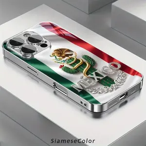 Exquisite 2D Pattern Mexican Flag Diamond Badge Glass Phone Case, Suitable for iPhone 17 16, 15, 14, 13, 12, 11 Plus Pro Max Military-Grade Camera Polka Dot Custom Monogram Striped Glitter Electroplated Transparent Magnetic Orange Liquid Skin