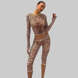 Women's Neon Green Piping Leopard Print Long Sleeve Crop Top & Capri Pants Co Ord Set 2025 Fall New Sexy Edgy Suit Must Have for Nightclub Party Dating Slim Fit Vacation Casual Outfit summerwins