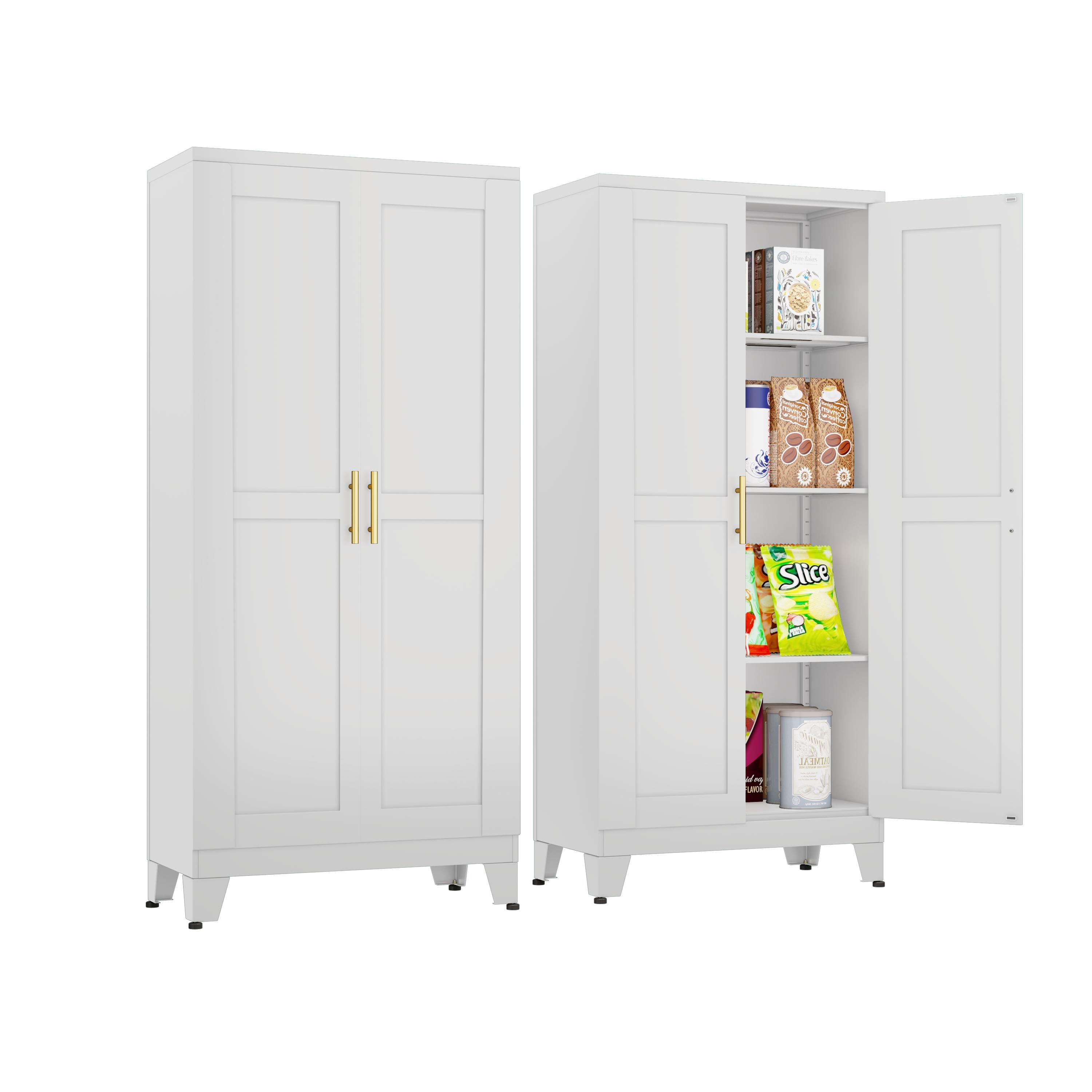 Metal Pantry Cabinet 61" with 2 Doors and Adjustable Shelves Kitchen Storage Cabinet with Gold Handles - Versatile Storage for Kitchen, Bathroom, Dining Room, Utility Room Furniture