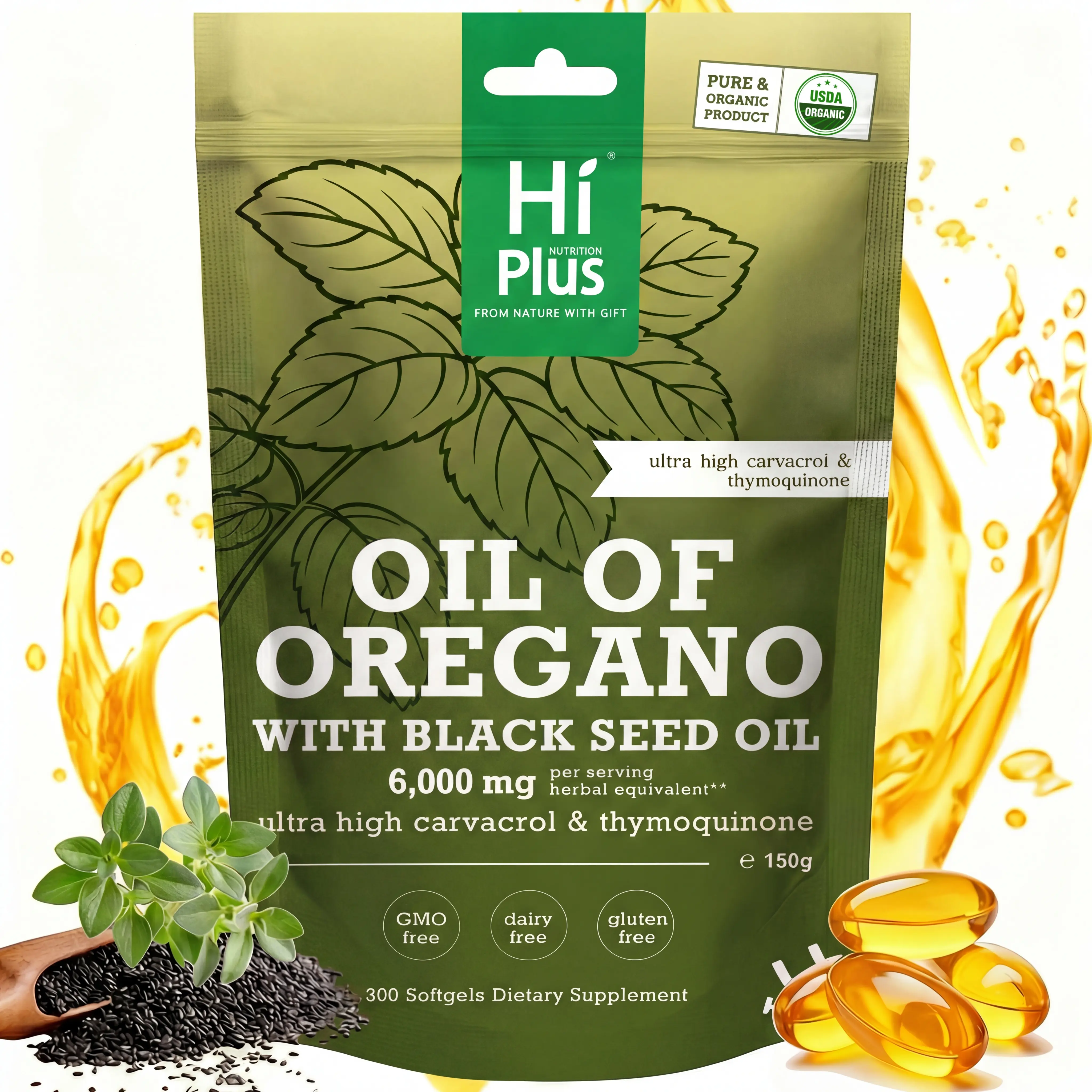 HiPlus Oregano & Black Seed Oil (300 Softgels) – 6000mg 2-in-1 Formula with Carvacrol & Thymoquinone – Supports Immune & Respiratory Health – Non-GMO, Vegan