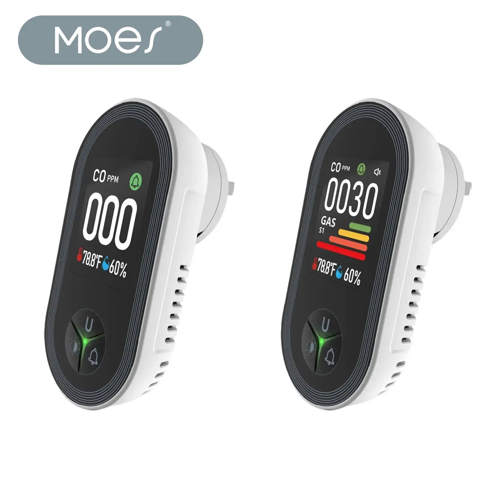 MOES Plug-in Air Quality Monitor with Room Temperature & Humidity Display, Dynamic Color-Coded Display, 4-Stage Visual & Audio Feedback, Digital Plug-and-Play Zero Setup Sensor for Kitchen, Garage, RVs, Apartments