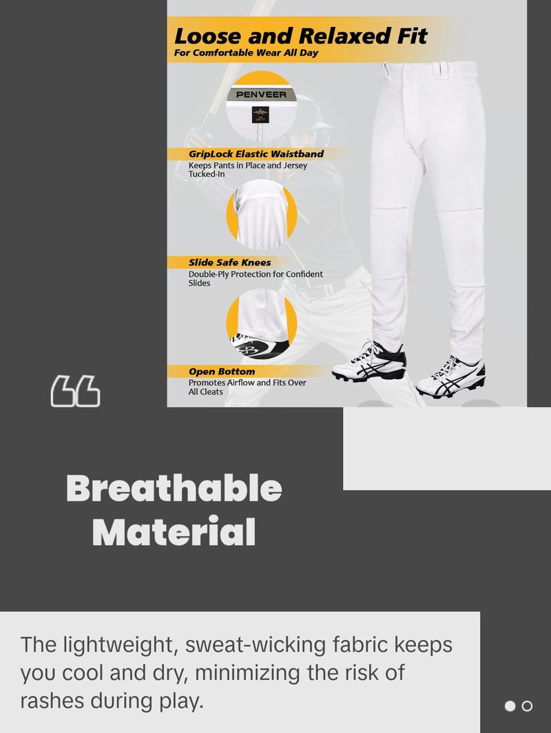Penveer Full Length Men's Baseball Pants, Open Bottom, Loose Fit Adult Baseball Pants with Adjustable Length (White)