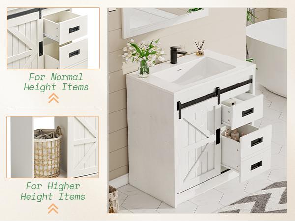VanAcc Farmhouse Bathroom Vanity with Sink Combo, 31in Sliding Barn Door Bathroom Vanity Cabinet Set with Storage Drawers, Metal Handles, Small Single Bath Storage Vanity Sink