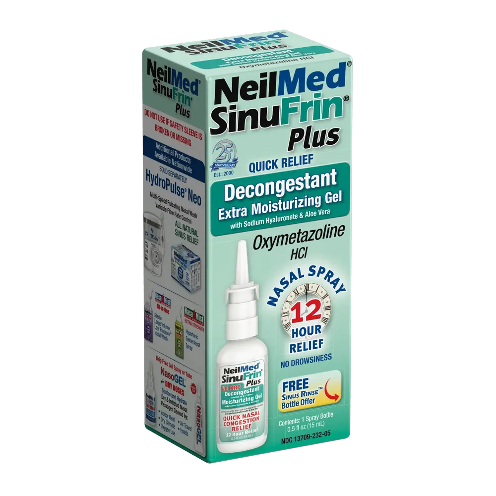 NeilMed SinuFrin Plus Nasal Decongestant Gel Spray - Extra Moisturizing with Sodium Hyaluronate & Aloe Vera for 12 Hour Relief