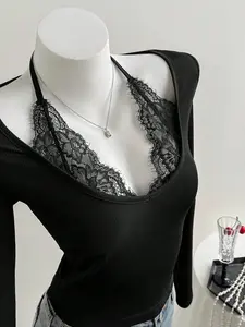 Elamini Women's Black Ribbed Knit Lace Patchwork Hlater Neck Tie Front Long Sleeve Bodycon T-Shirt, Elegant Vintage Chic Casual Commute Date For Women, Spring/Autumn Black Lace Top Women Black Lace Top. Skin Revealing Fall Cloth For Women