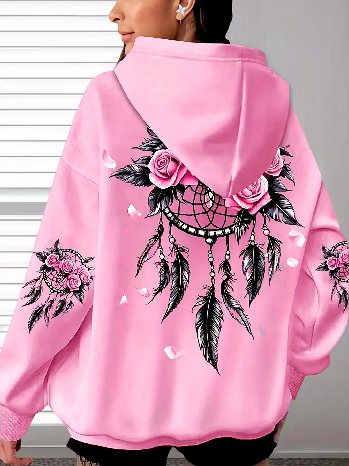 Women's Fashion Loose Fit Baggy Oversized Long Sleeves Hooded Sweatshirt Tops, Rose Feather Floral Print, Casual Fall & Winter Design, Versatile and Stylish, Womenswear, Sweatshirts Women