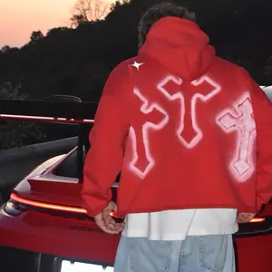 Desaints Oversized Cropped Hoodie. Color Red, Signature Cross Hand Made Design.