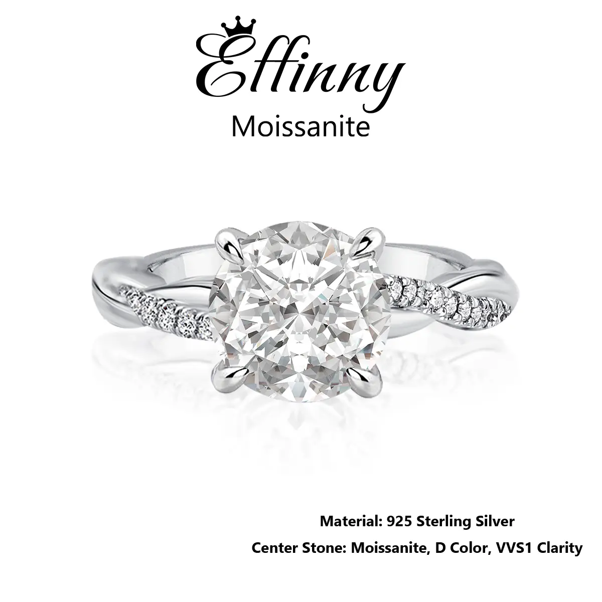 Effinny Excellent Round Cut 2.0 Carat  D Color VVS1 Twist Engagement Ring, Synthetic Moissanite 925 Sterling Silver Anniversary Ring for Women, Anniversary Gift