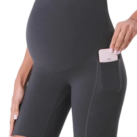 POSHDIVAH Women's 8 in Over-The-Belly Spandex-Blend 4-Way Stretch Maternity Biker Shorts - Prenatal Maternity Wear with Pockets, Workout Activewear for Yoga