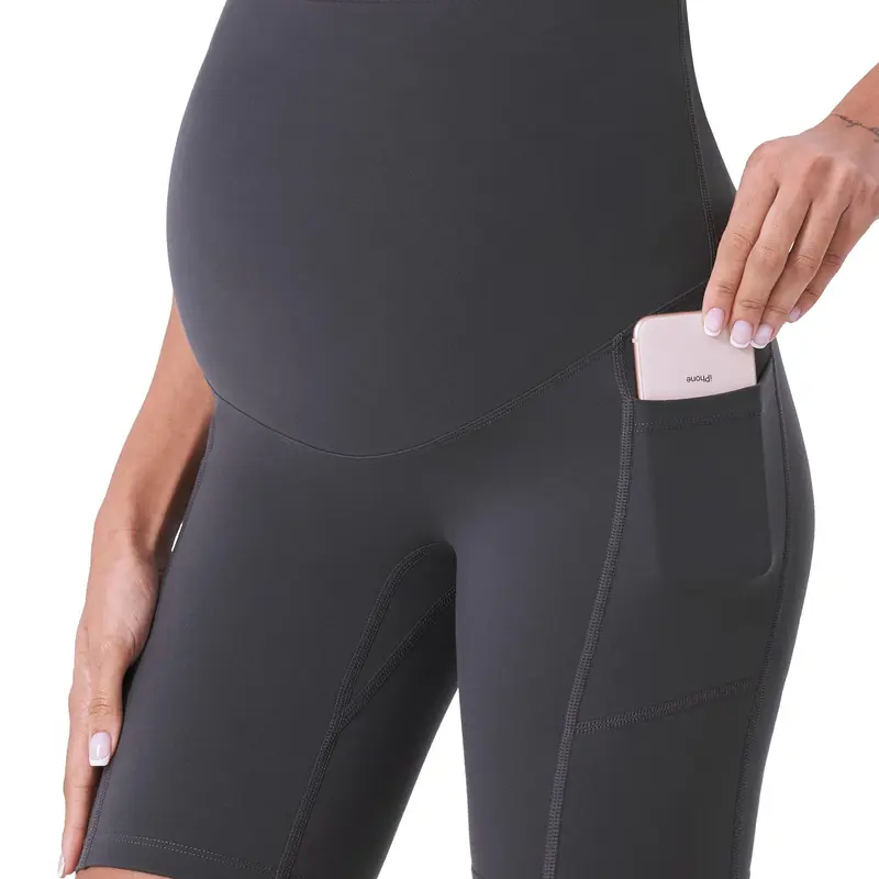 POSHDIVAH Women's 8 in Over-The-Belly Spandex-Blend 4-Way Stretch Maternity Biker Shorts - Prenatal Maternity Wear with Pockets, Workout Activewear for Yoga
