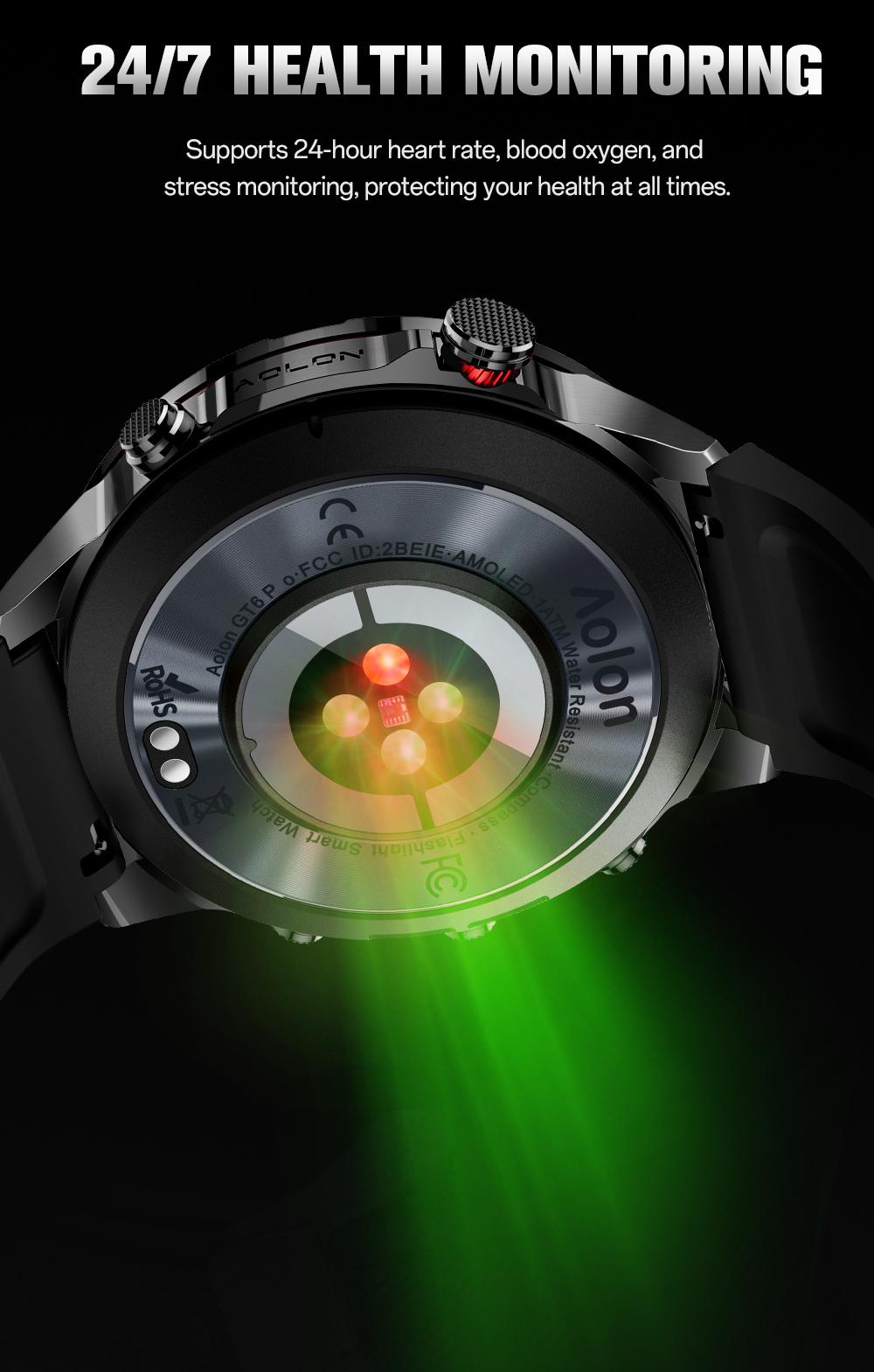 Aolon GT6 Pro Spring rugged outdoor smartwatch with 1.51" AMOLED display, LED flashlight & precision compass. Bluetooth calling, heart rate & fitness tracking, 5-button control, 500mAh battery up to 60 days, 1ATM & IP68 water-resistant.