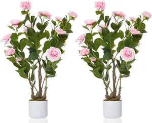 2.5FT Artificial Camellia Tree,Realistic Faux Pink Plants with 16 Bloomings,Sturdy White Pot,30" Faux Flowers Potted Plant Trees for Living Room,2pcs