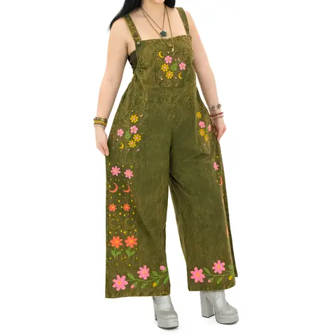 Women's Vintage Stonewashed Celestial Wide Leg Cotton Jumpsuit - Karma Nepal Crafts Overalls, Whimsical Earthy Witchy Boho Pieces, Breathable All-Season Floral Print Romper Alternative, Jumpsuits for Women