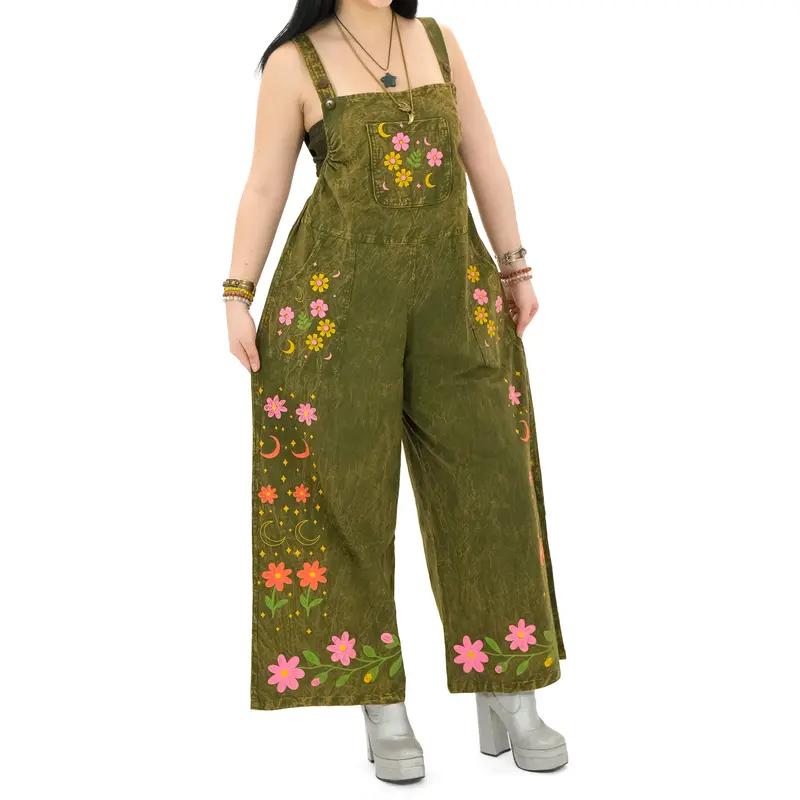 Women's Vintage Stonewashed Celestial Wide Leg Cotton Jumpsuit - Karma Nepal Crafts Overalls, Whimsical Earthy Witchy Boho Pieces, Breathable All-Season Floral Print Romper Alternative, Jumpsuits for Women
