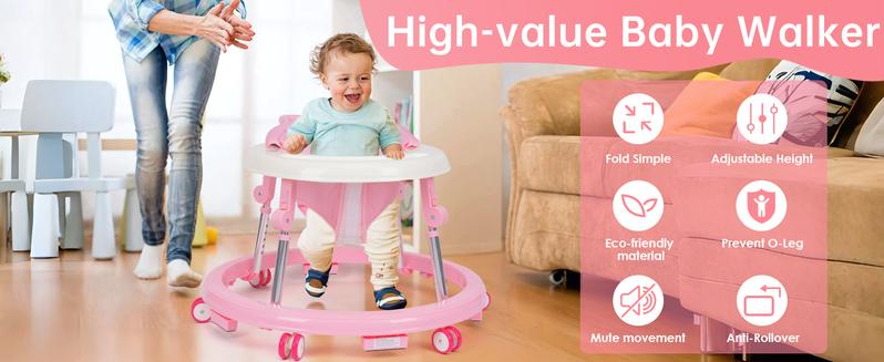 Foldable Baby Walker with 9 Adjustable Heights!Mute Wheels & Footrest, Perfect Activity Center for Boys & Girls Aged 7-18 Months, Portable & Space-Saving! ! Floorwalker