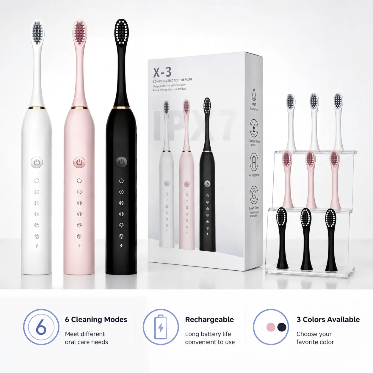 Electric Toothbrush with 3 Brush Heads, 6 Cleaning Modes Rechargeable Sonic Toothbrush IPX7 Waterproof for Adults, Travel & Holiday Gift