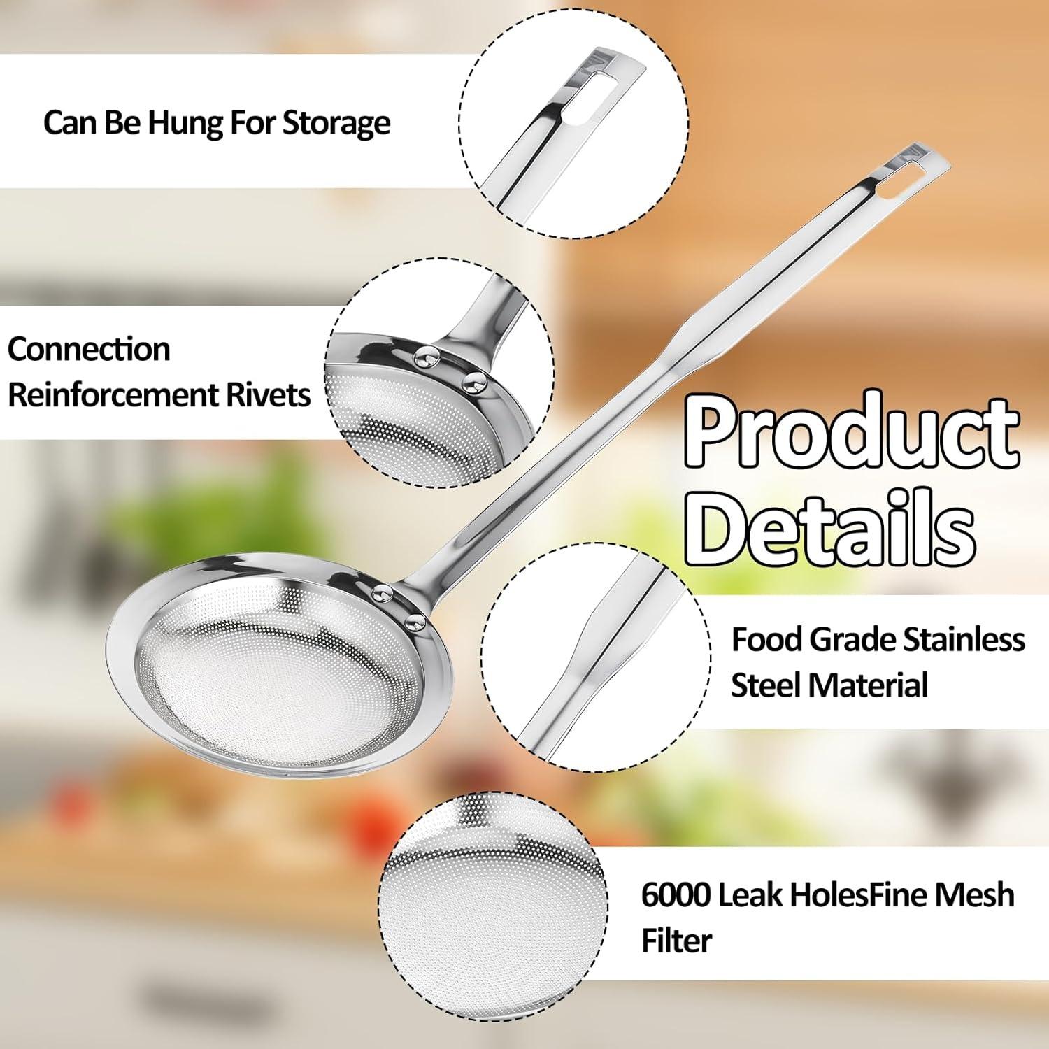 Filter Scoop SUS304 Stainless Steel Fat Skimmer Spoon Fine Mesh Strainer Food Strainer With Handle Kitchen Oil Skimmer Strainer FU