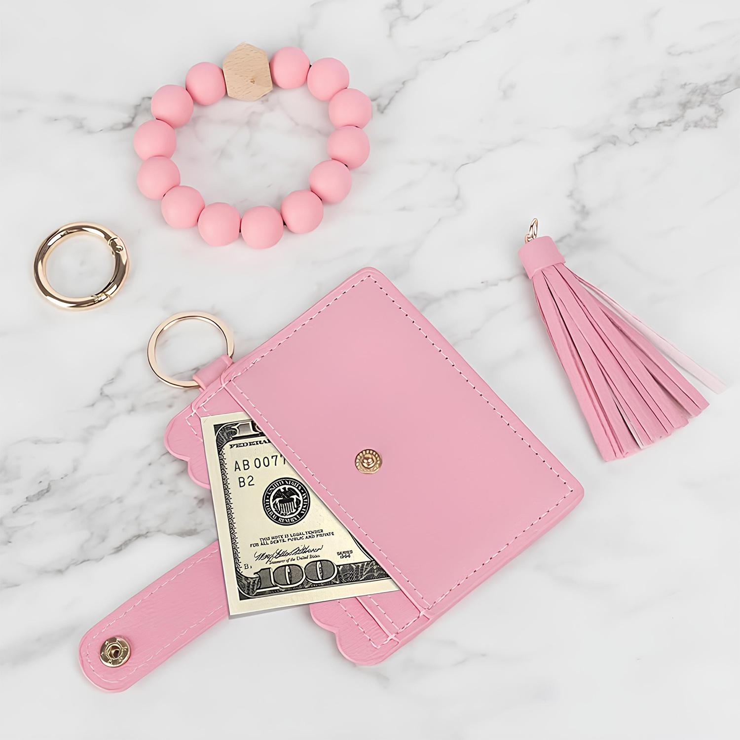 SSYERT PU Keychain Short Wallet,Leather Print Key Chain Student Bus ID Card Bag Boho Beaded Accessory Card Hand Bag Slim RFID Blocking Wristlet Small Credit Card Holder for Birthday Gift,Daily Use