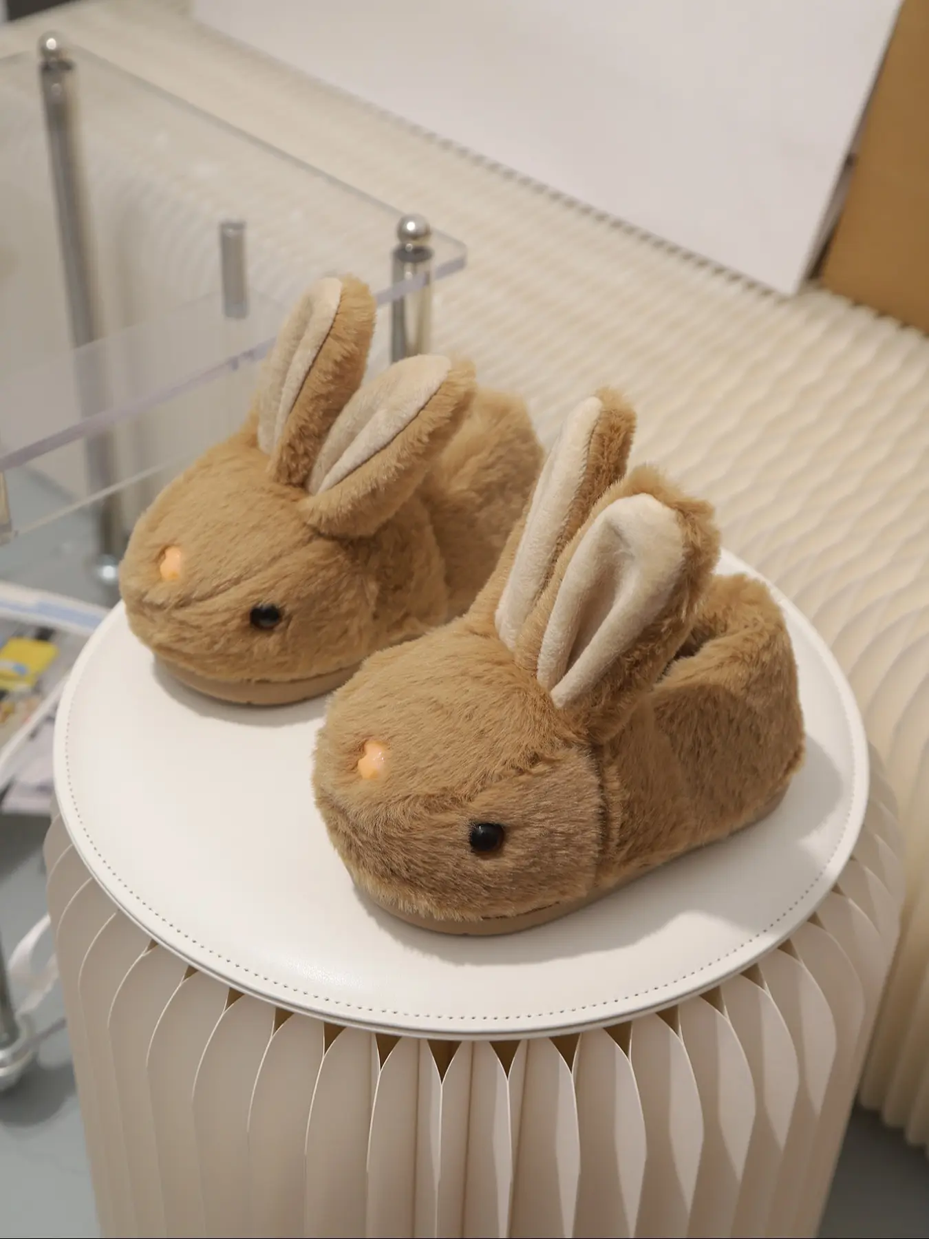 Cotton Slippers with Fur Lining, Lightweight Comfortable Indoor Home Shoes, Warm Indoor Footwear, Fawn Brown, One-Step Cartoon Rabbit Design for Fall & Winter