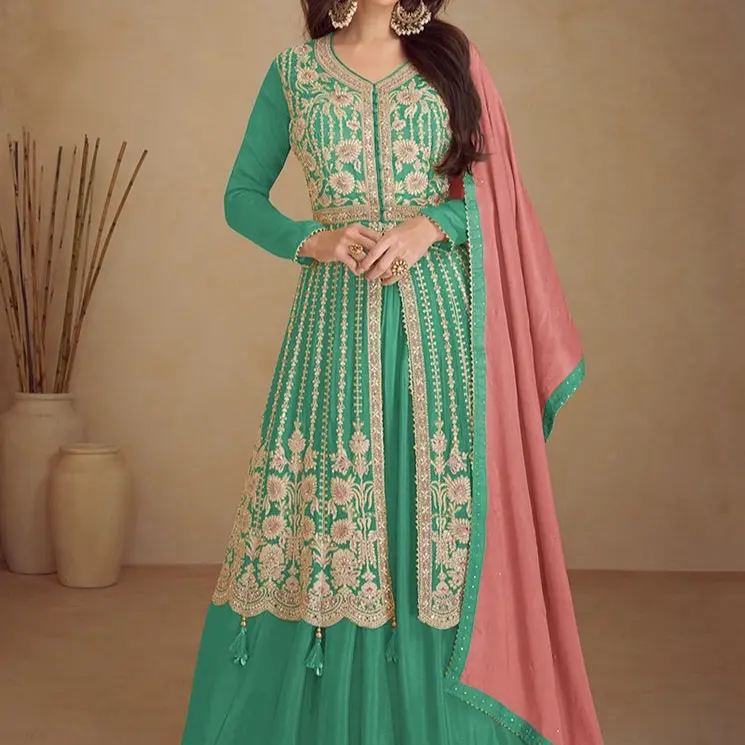 Green and Peach Traditional Embroidered Wedding Anarkali Palazzo Suit (Sizes 42, 44) - Formal Wear Clothe with Delicate Floral Motifs, Comfortable Fabric, Classic Style