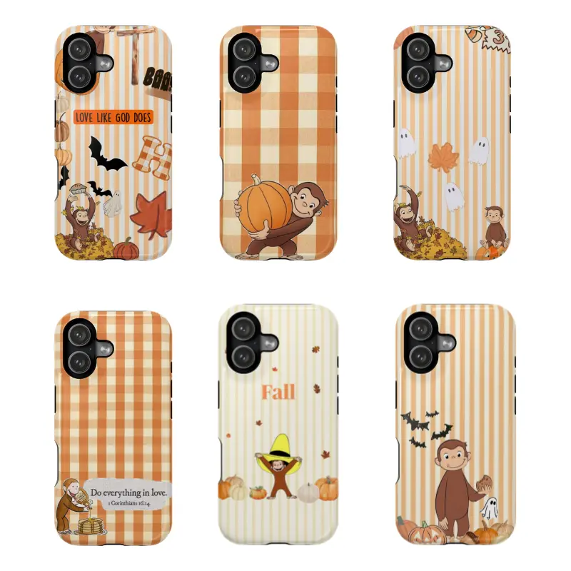 Curious George Autumn Phone Case - Cute Pumpkin Design, PBS Kids Monkey, Orange Plaid, Christian Bible Verse Gift, Accessories for iPhone 17/16/15/14/13/12 SE Max Pro & Samsung Galaxy 21/22/23/24/25 Smartphone, Cellphone, Handheld Devices (Polycarbonate)