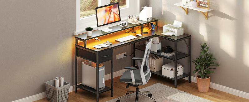 L Shaped Gaming Desk,LED & 6 Outlet Charging Station,Double Layer Computer Desk With Monitor Stand And CPU Rack