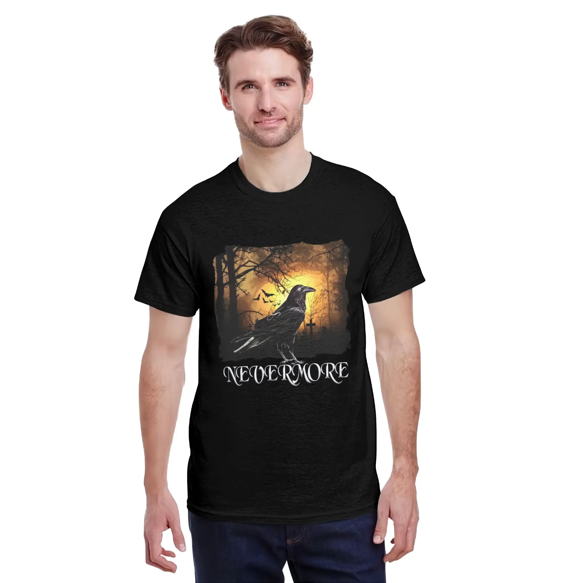 Menswear Classic Stylish Casual Short-Sleeve Edgar Allan Poe Nevermore Raven T-Shirt - Vintage Gothic Author Graphic Tee, Pure Cotton Shirt for Literature Fans