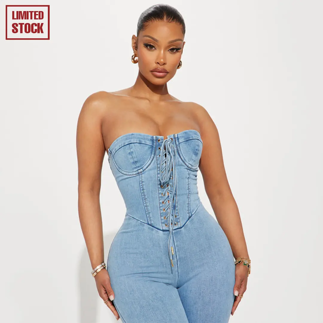 Play It Your Way Denim Jumpsuit - Light Wash Strapless Fitted Plain Limited Stock Corset Detail Flare Leg