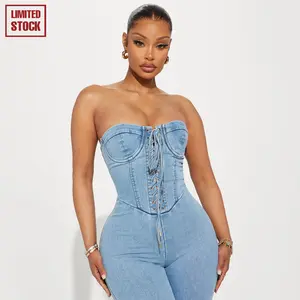 Play It Your Way Denim Jumpsuit - Light Wash Strapless Fitted Plain Limited Stock Corset Detail Flare Leg