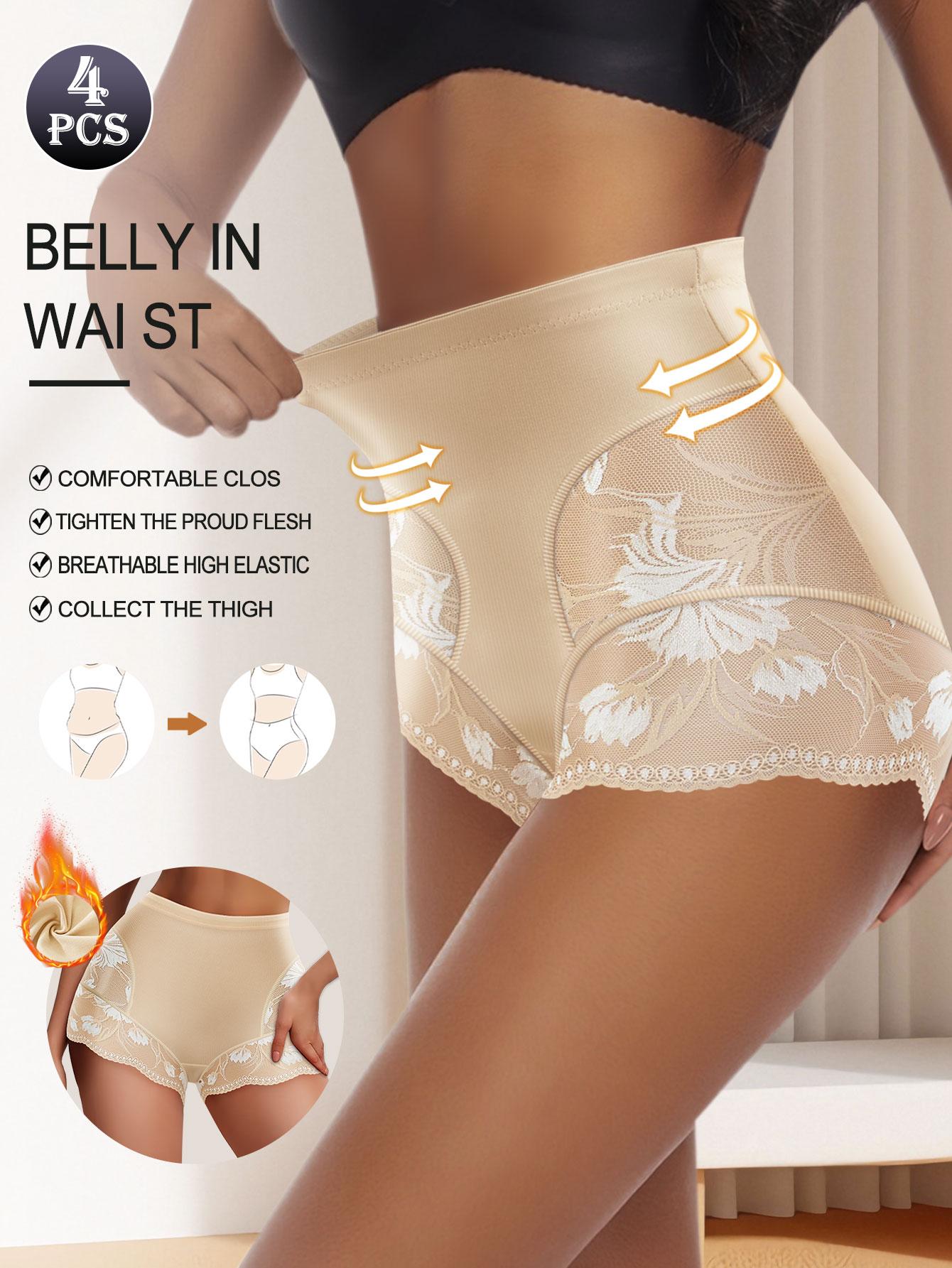 QUASTI 4PCS High-Waisted Glossy Fabric Lace Patchwork Women's Underwear, Soft Seamless Breathable Panties, Elegant Sexy Tummy Control Briefs, S-XXL SpringStatements