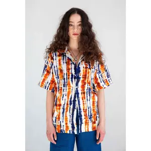 'Desi' Short Sleeve Resort Shirt in Blue and Orange Batik