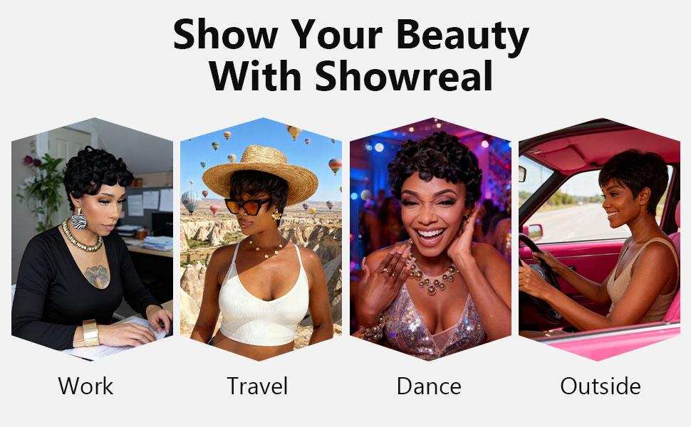 ShowReal 025 Short Pixie Cut Egg Wavy Curly Bomb Black Colorful Mommy Wig Pin Curls Brizalian Virgin Human Hair Cute Style Wigs For Black Women Daily Party Use ShowReal 025 Short Pixie Cut Egg Wavy Curly Bomb Black Colorful Mommy Wig Pin Curls Brizalian Virgin Human Hair Cute Style Wigs For Black Women Daily Party Use