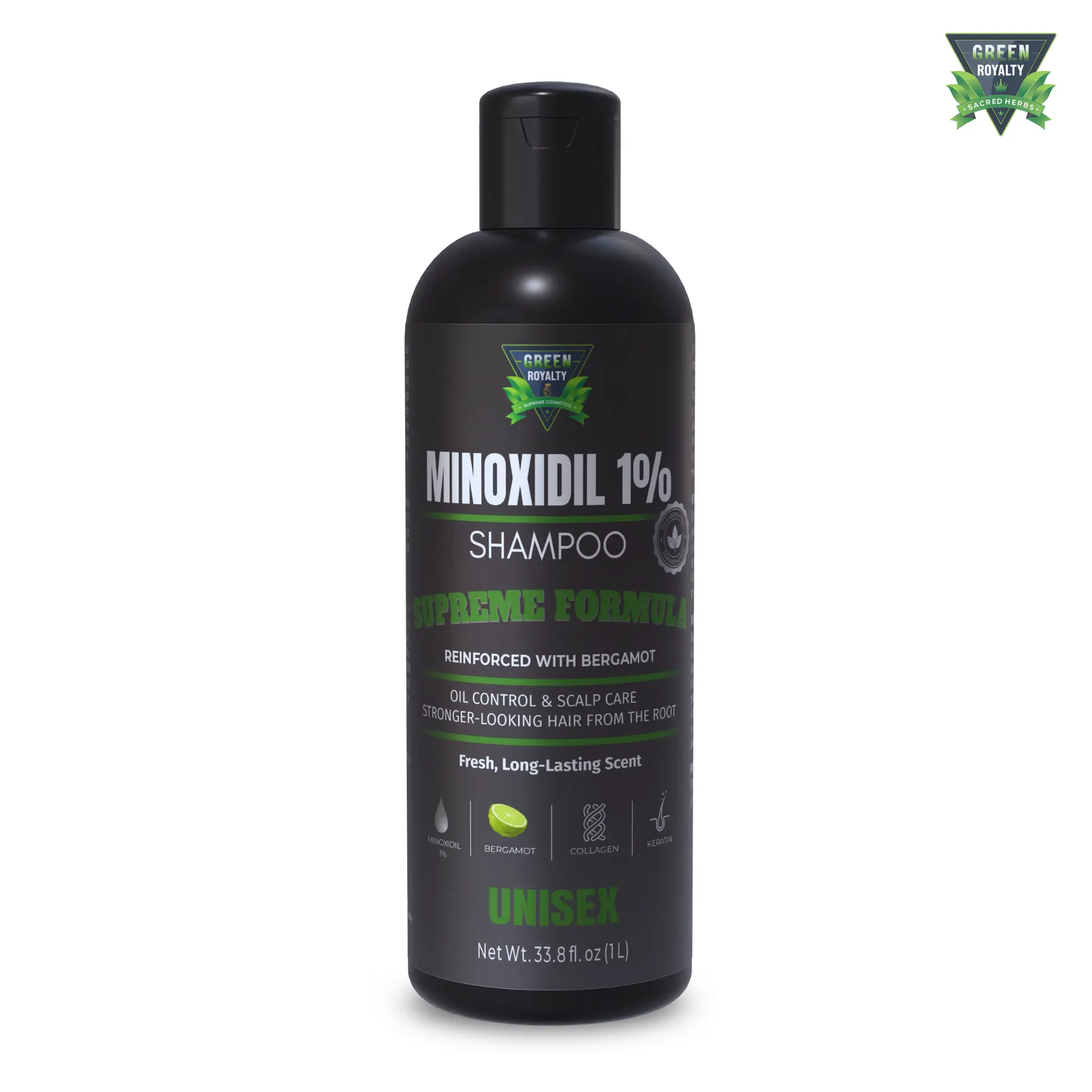 Green Royalty Minoxidil 1% Supreme Haircare Cleanser Shampoo - Unisex Adults, Bergamot Scent, 32.8oz(1L) Liquid, Paraben-Free, Suitable for Any Hair Type
