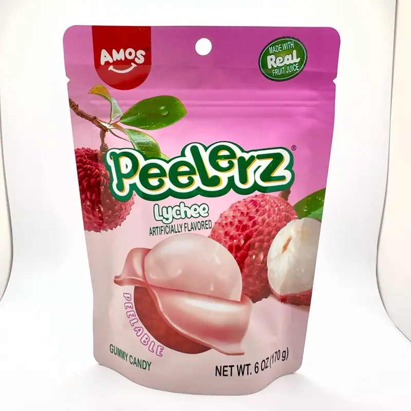 Amos Peelerz Peelable Lychee Fruit-Shaped Gummy Candy, 6 oz (170g) GMO-Free Fruit Flavored Soft Fruity Snacks, Contains Corn Water Glycerin, Resealable Bag for Adult Pantry Cupboard Storage