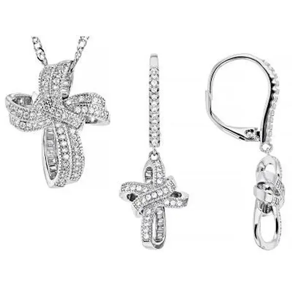 JTV White Cubic Zirconia Rhodium Over Brass Cross Earrings and Pendant Set 1.48ctw