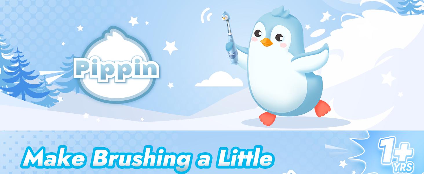 Papablic (Pippin) Toddler Sonic Toothbrush 1-3Y with Smart LED Timer & Penguin Cover, 2 Brush Heads, Lightweight Oral Hygiene for Kids, Dentist Pick!