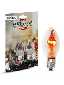 C7 Flickering Flame Bulb – 1W, Flicker Flame Light Bulb with a Orange Glow That Flickers and Dances Up and Down - Replacement for E12 Base Halloween, Christmas Candolier Window Candle - 2/Pkg