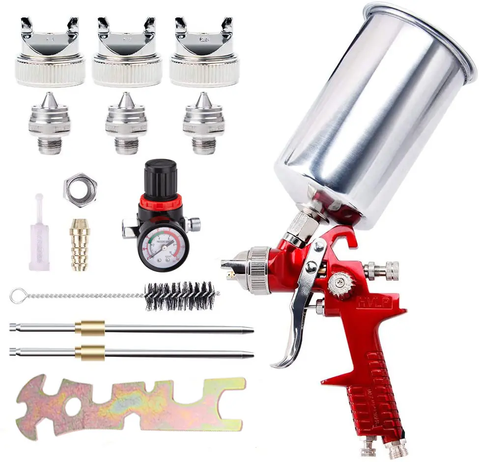 1000cc Professional HVLP Paint Sprayer Full Kit Set - Stainless Steel Spray Painting Tool with 1.4/1.7/2.0mm Nozzles, Air Regulator for Auto Jobs, High Viscosity Coatings (HVLP Even Coat)