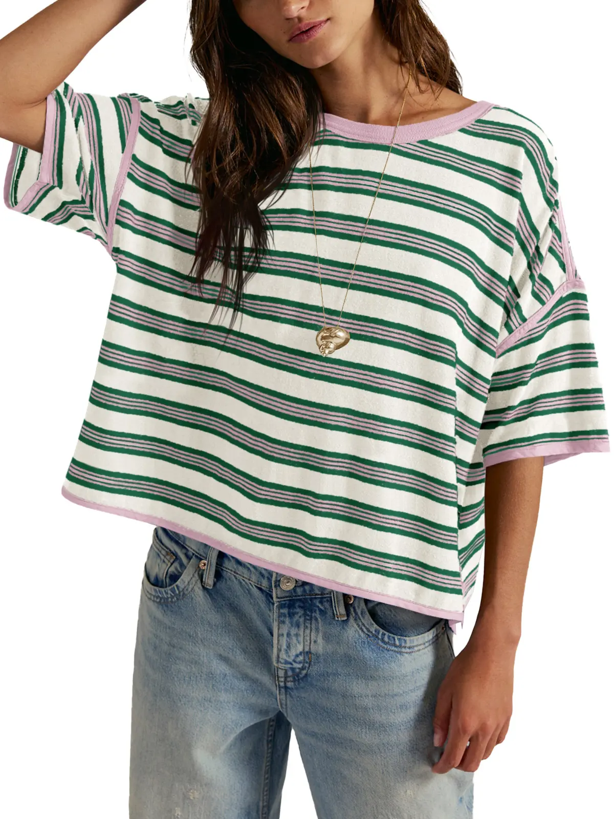 TANKANEO Women's Striped Oversized Crew Neck Short Sleeve Boxy T Shirt - Casual Loose Fit Basic Top for Everyday Wear, Women's T Shirts, Basic Tops