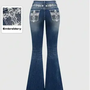 Vintage Cross Wings Embroidery Flared Jeans for Women,Slim Fit,Button/Zipper, Drop Waist,Navy Blue,Spring/Fall Casual Wear baggy jeans Plus Size Ruched Front Zipper Pants go  clam  dep jeans