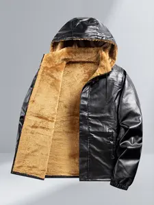Men's Winter Solid Color Simple Fleece Lined Warm Leather Jacket, Suitable for Various Occasions Such as Daily Casual Wear and Social Gatherings.Is an essential basic item in men's wardrobe.