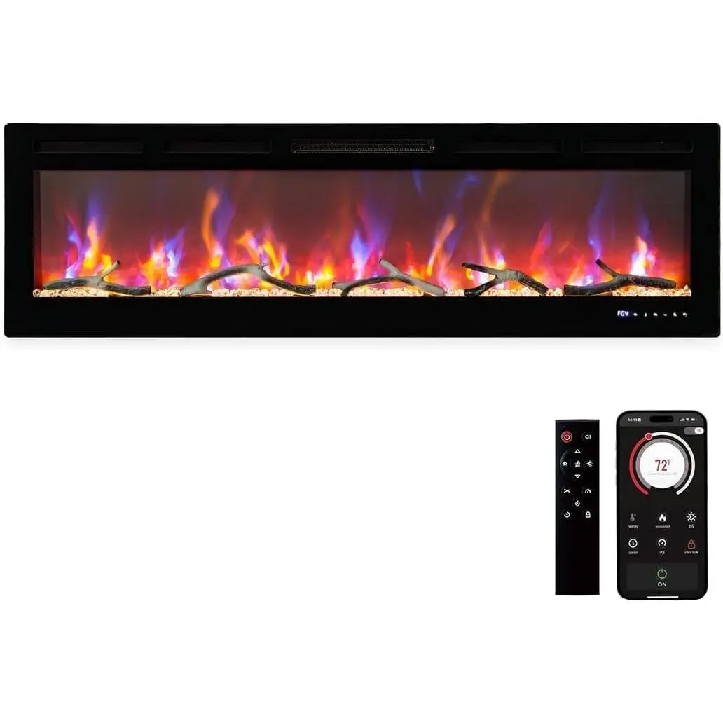 80-Inch Built-in Electric Fireplace with Ultra-Slim Recessed Wall Heater, 12 Flame Flicker Effects, Voice-Activated Smart Control, Remote Control, Brightness Adjustment, Low Noise,for Bedrooms