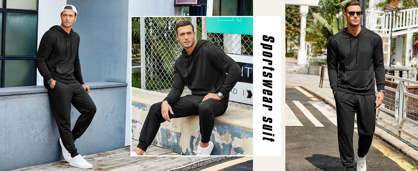 Coofandy Thin Men's Tracksuit 2 Piece Hoodie & Long Pants Set - Pleated Fabric, Kangaroo Pocket, Elastic Drawstring, Casual Jogging Athletic Suits
