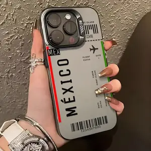 Airline ticket stamp pattern TPU laser-engraved phone case, compatible with iPhone 17 Pro Max, 16 Pro Max, 15 Pro, 14, 13, 12, and 11.  Stylish, shockproof, and lightweight protective case with protective features.